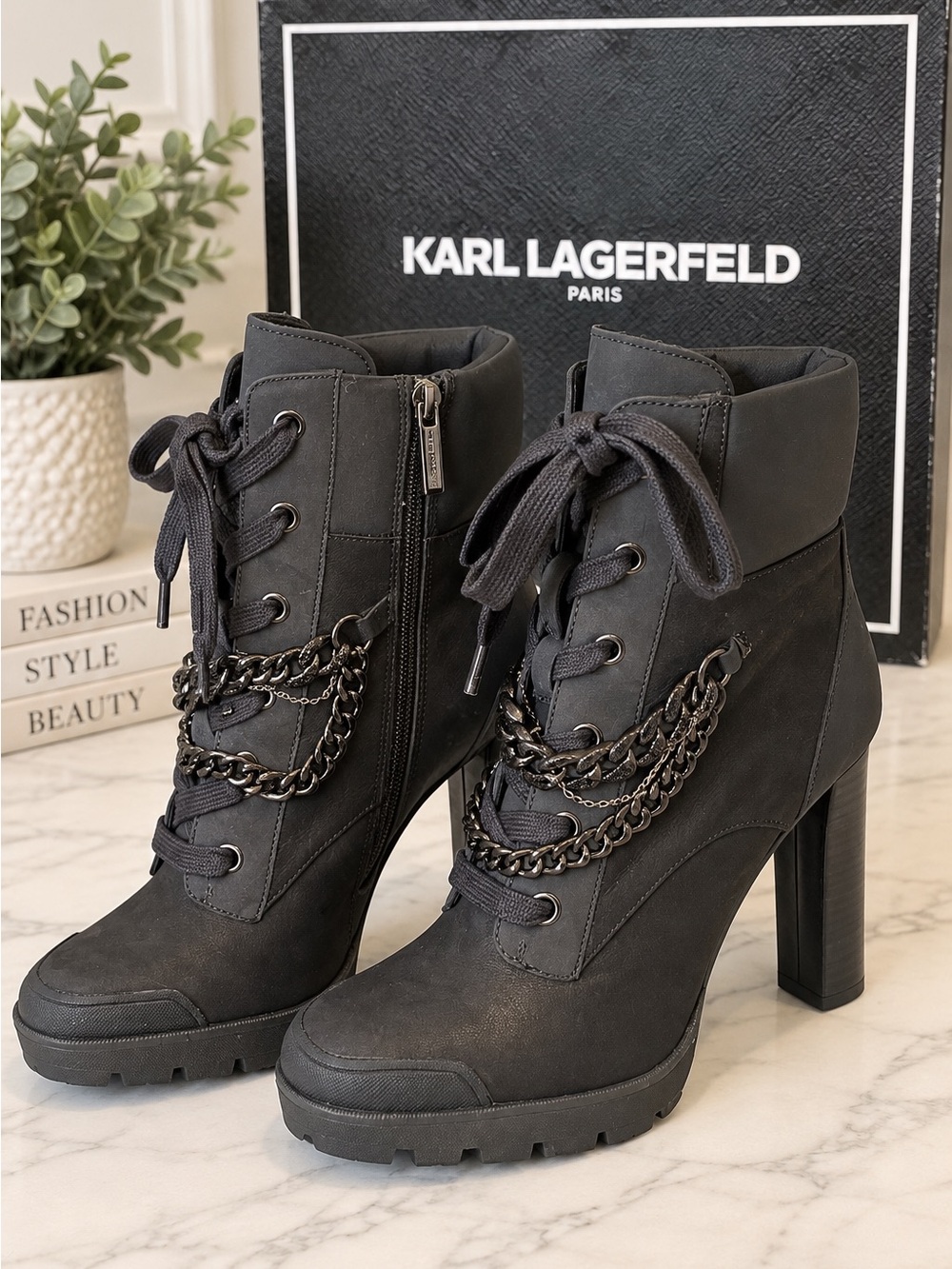 NWT Karl Lagerfeld Paris Viviana Chain Lace-Up Heeled Boots 9.5